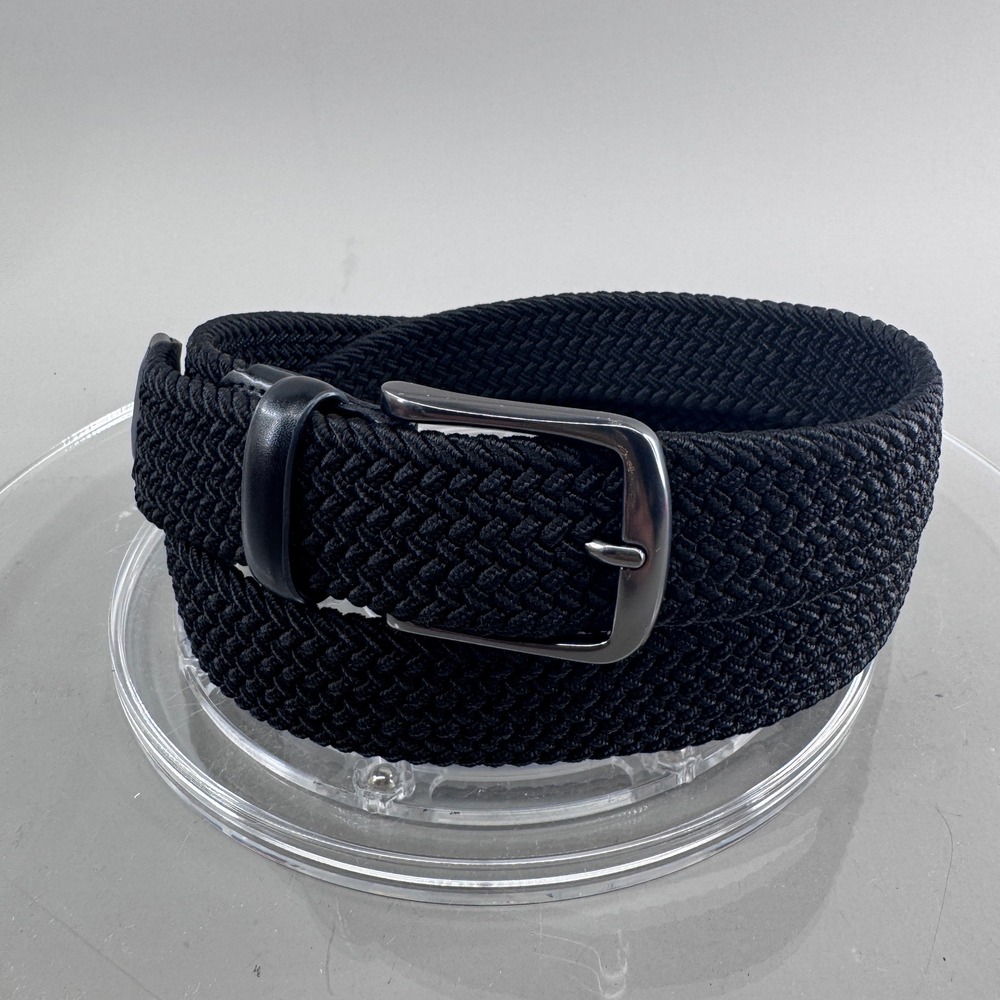 Mens Woven Braided Elastic Stretch Belt Black Genuine Leather Trim Size M 34-36